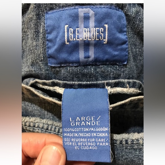 DENIM Bib Overalls JEAN SHORTS Adjustable cut offs, Fringed Front Pocket Vtg LRG - Picture 3 of 9